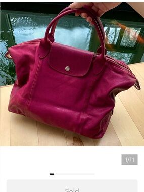 Longchamp Le Pliage Cuir Magenta medium leather bag made in France